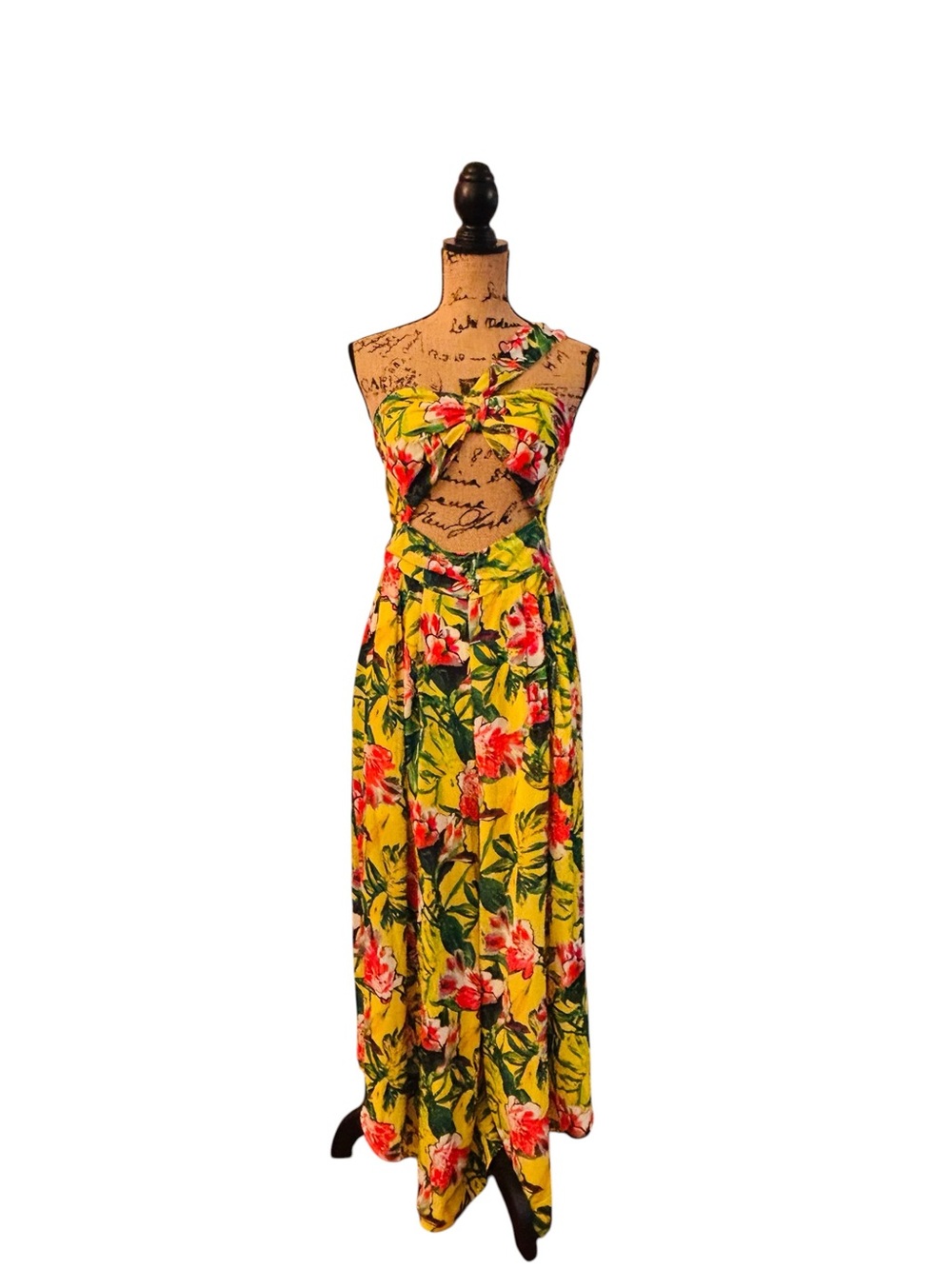 SHEIN Yellow Tropical Floral One-Shoulder Cutout Wide Leg Pants Large 6 0588 - Picture 1 of 9